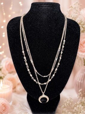 Gold Tone Layered Necklace Crescent Pendant w/Faceted Glass Beads